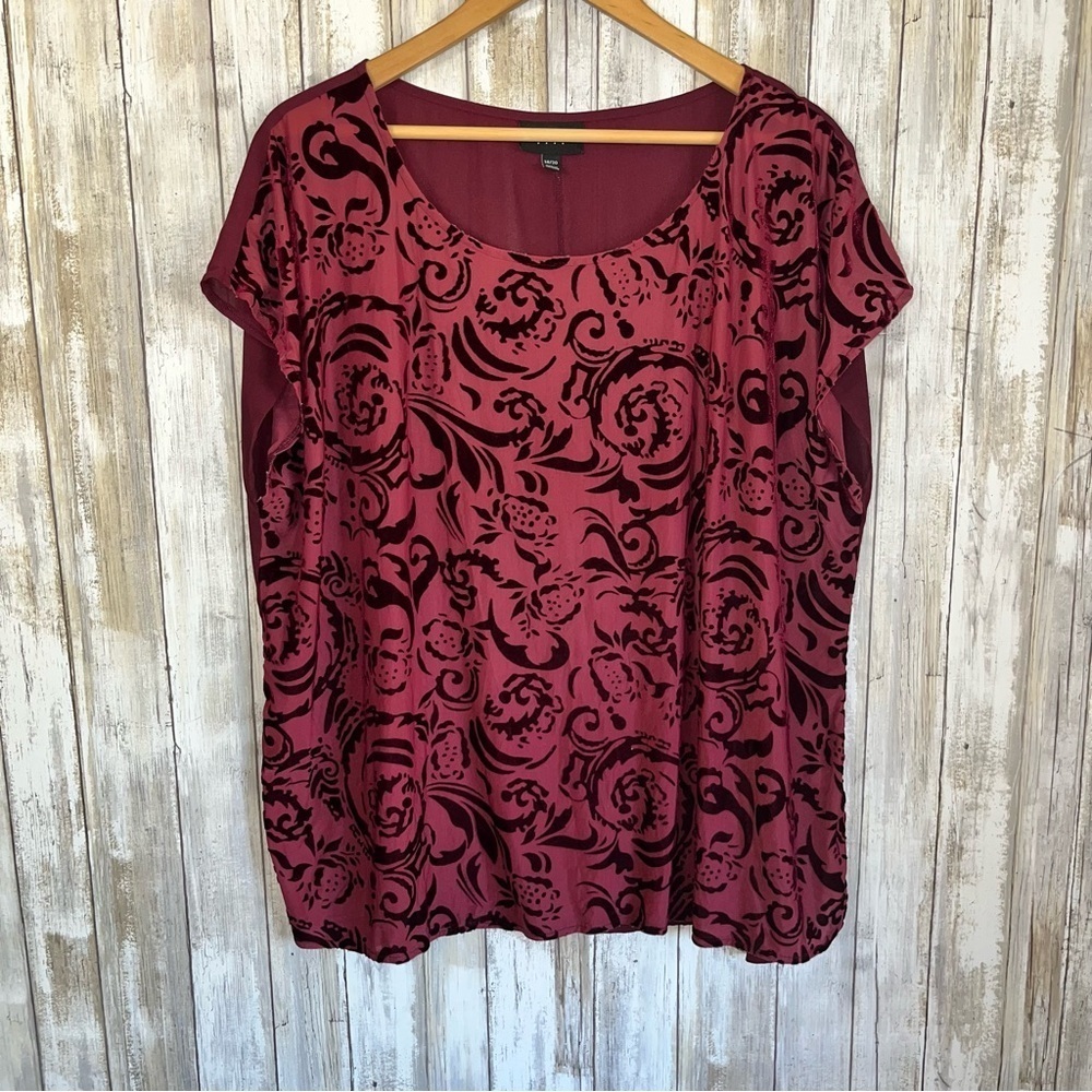 Lane Bryant Velvet Burnout Swirl Scoop Neck Cap Sleeve Top Burgundy 18/20
